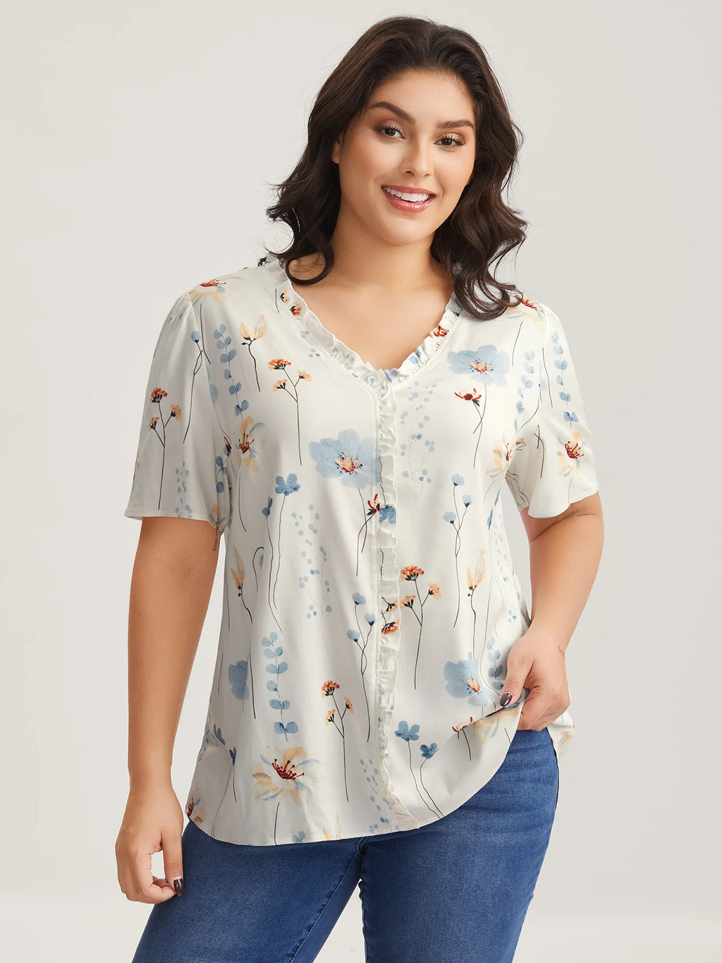 Floral Print Ruffled Placket Blouse