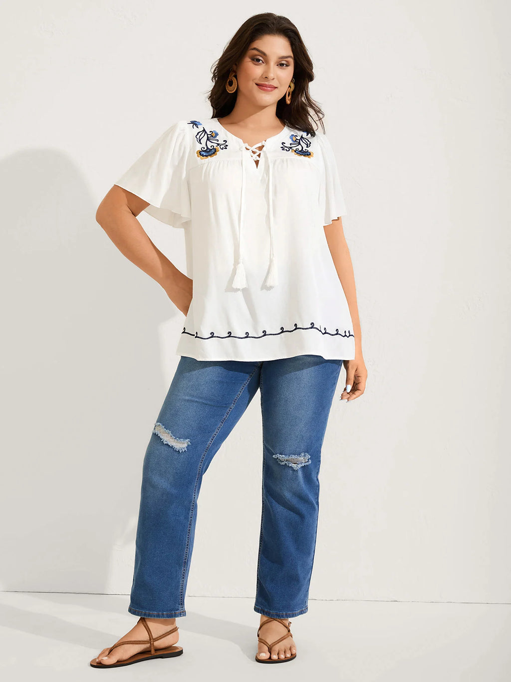 Floral Embroidered Cross-Tie Neck Blouse