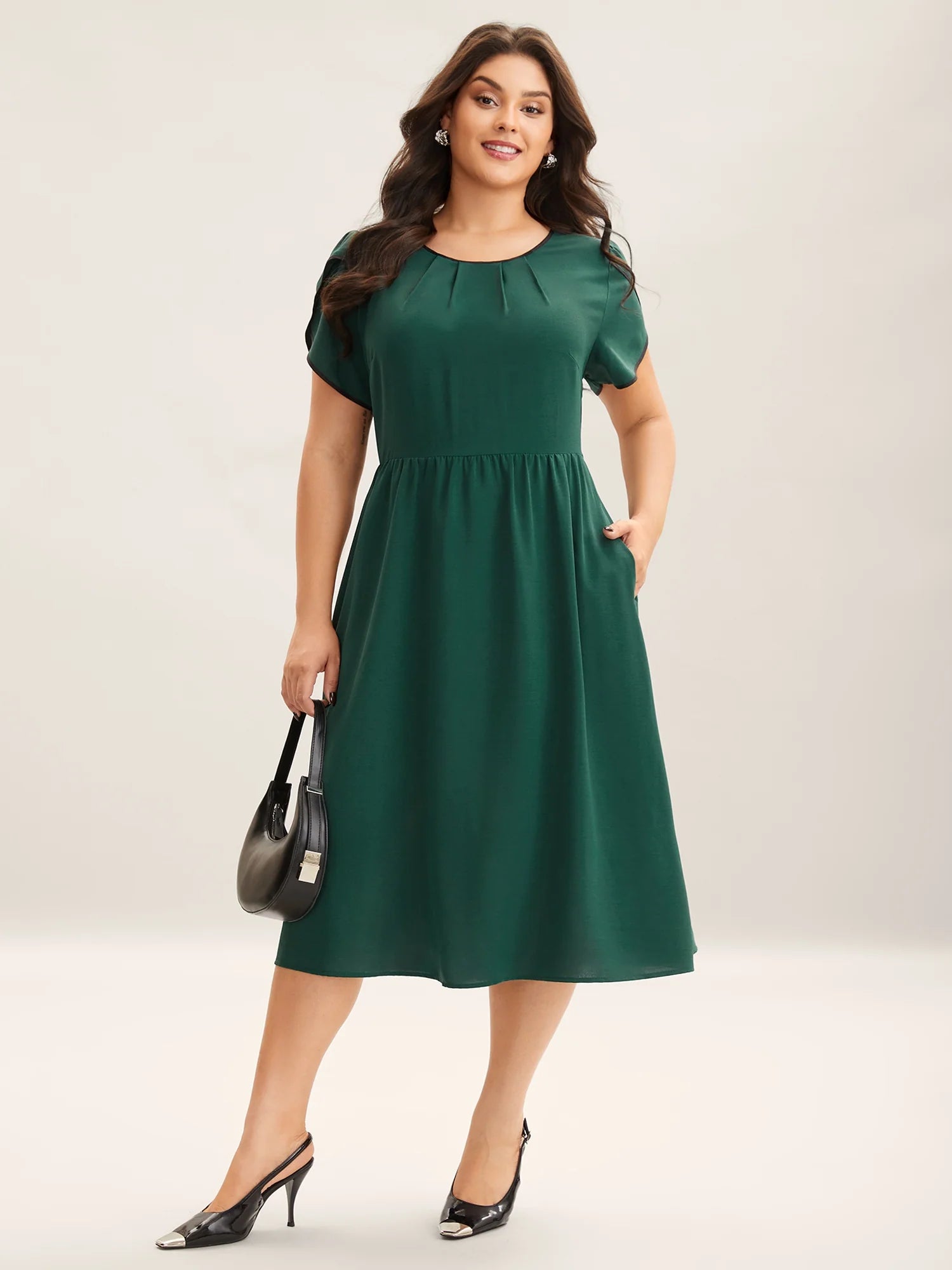 Petal Sleeve Pleated Pockets Midi Dress