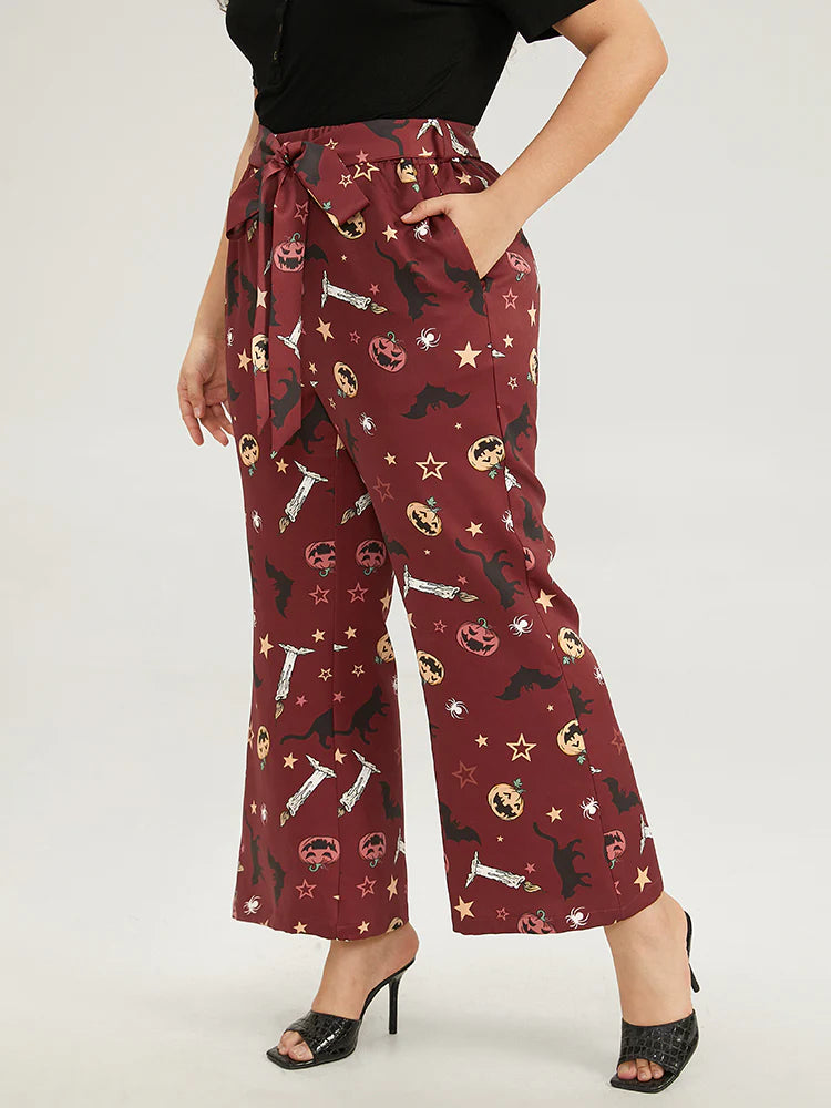 Halloween Graphic Belted Flare Leg Pants