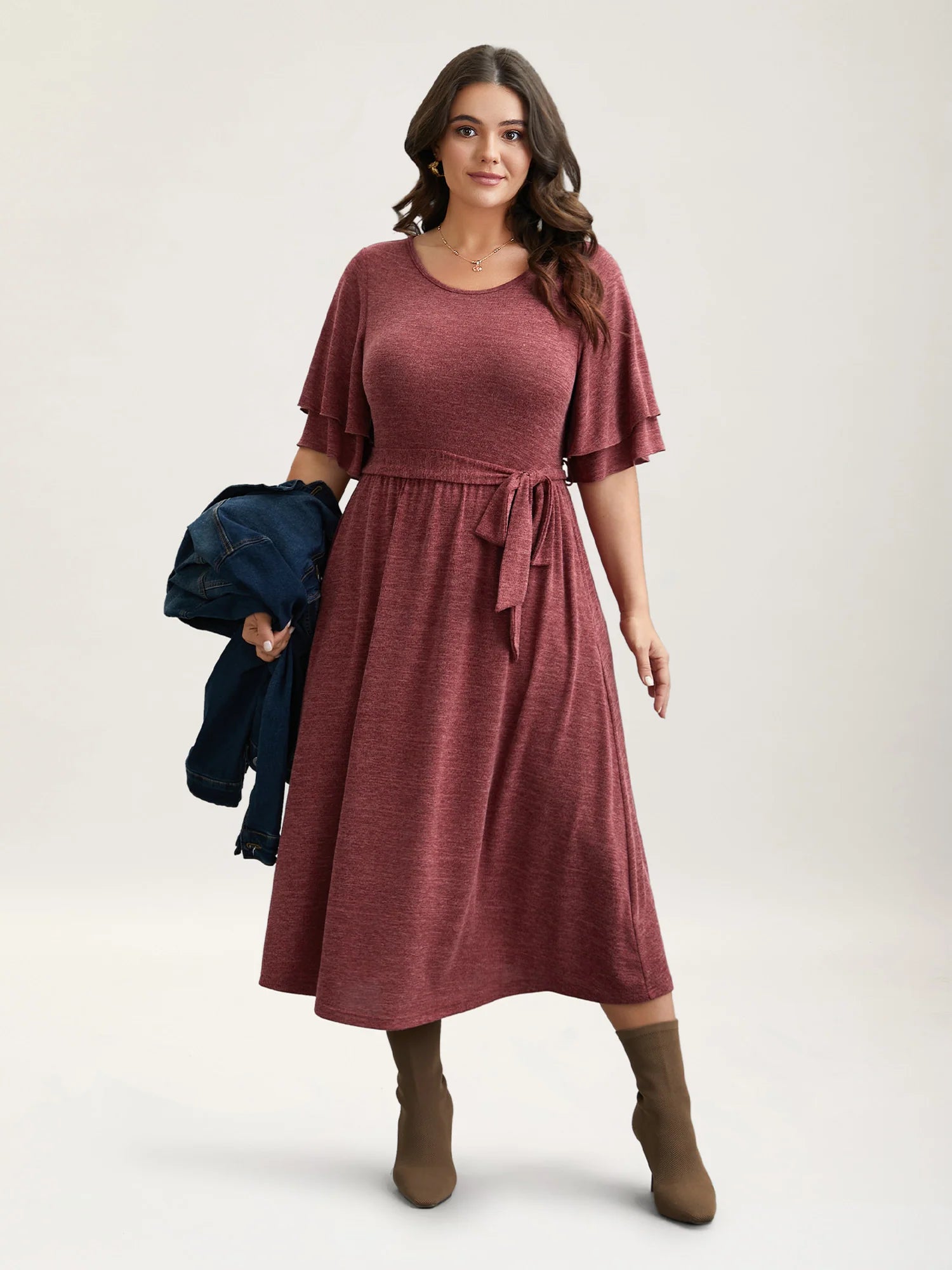 Layered Lotus Sleeve Belted Midi Knit Dress