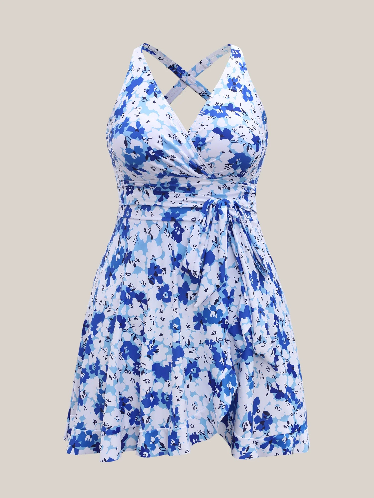 Floral Print Belted Flared Swim Dress