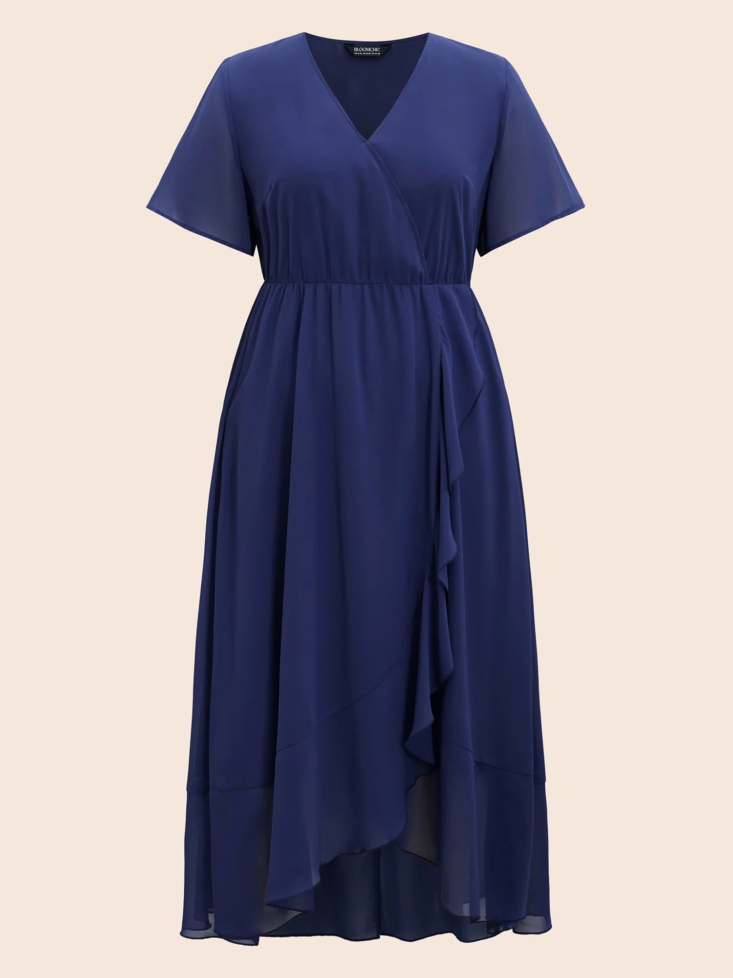 Chiffon Overlap Collar Ruffle Sleeve Dress