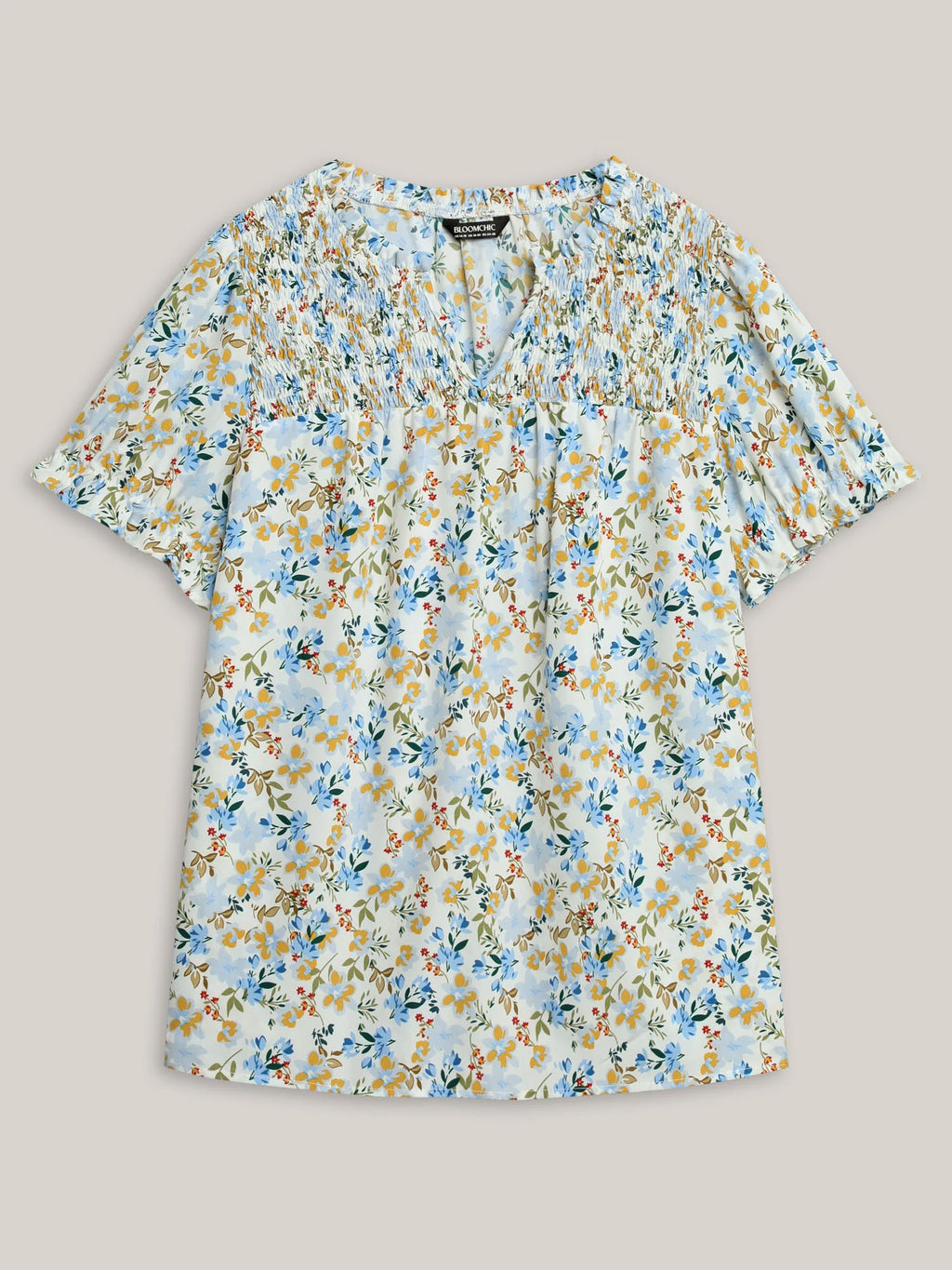 Floral Print Shirred Neck Blouse