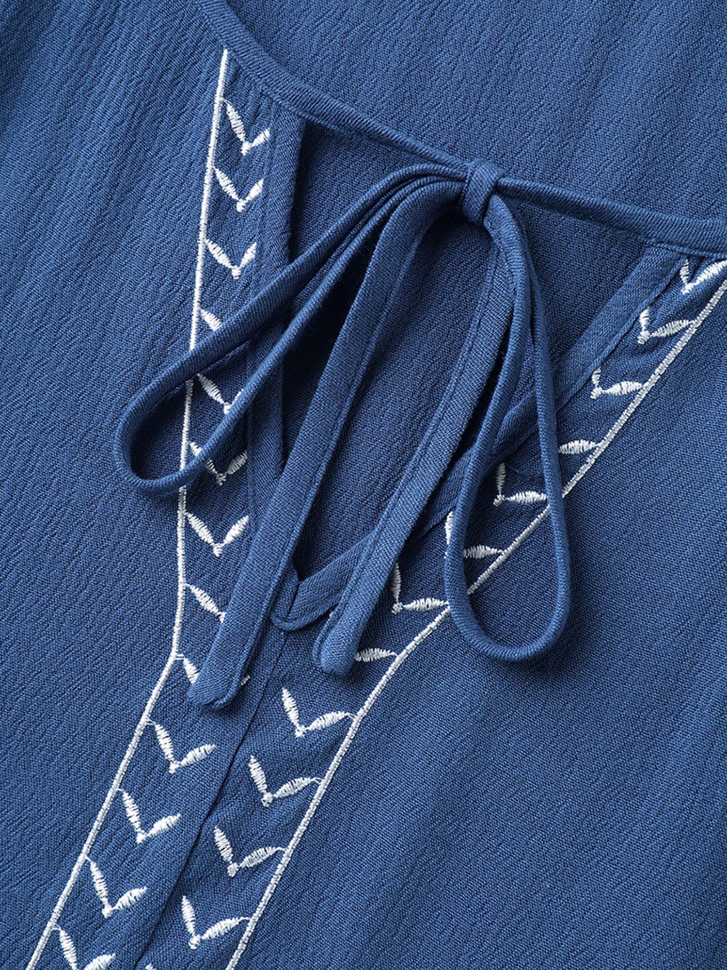 Floral Embroidery Textured Neck Tie Blouse