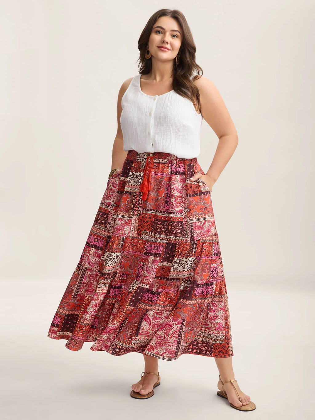 Geometric Collage Waist-Tie Maxi Skirt