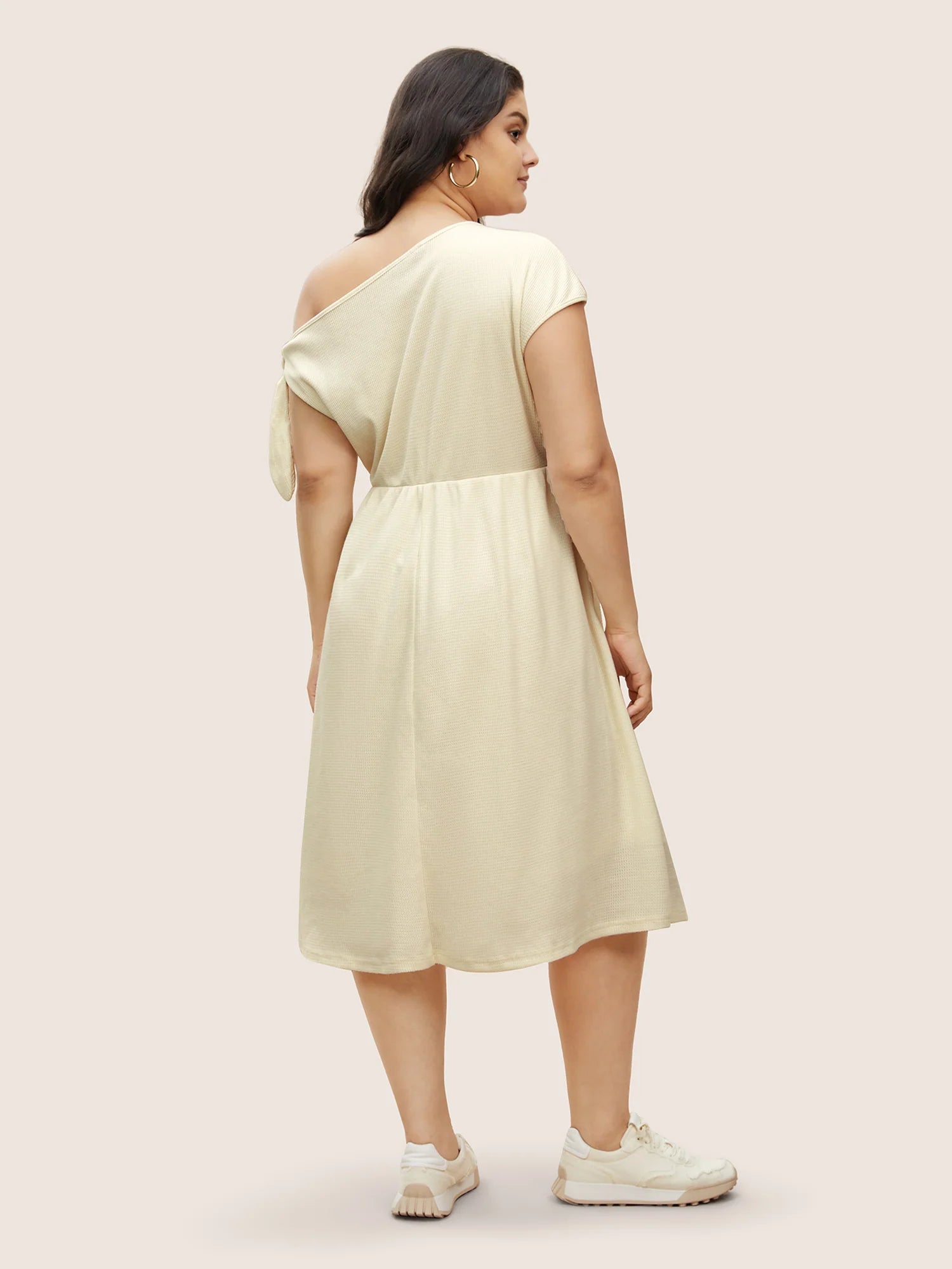 Asymmetrical Neck Waffle Knit Tie Knot Dress