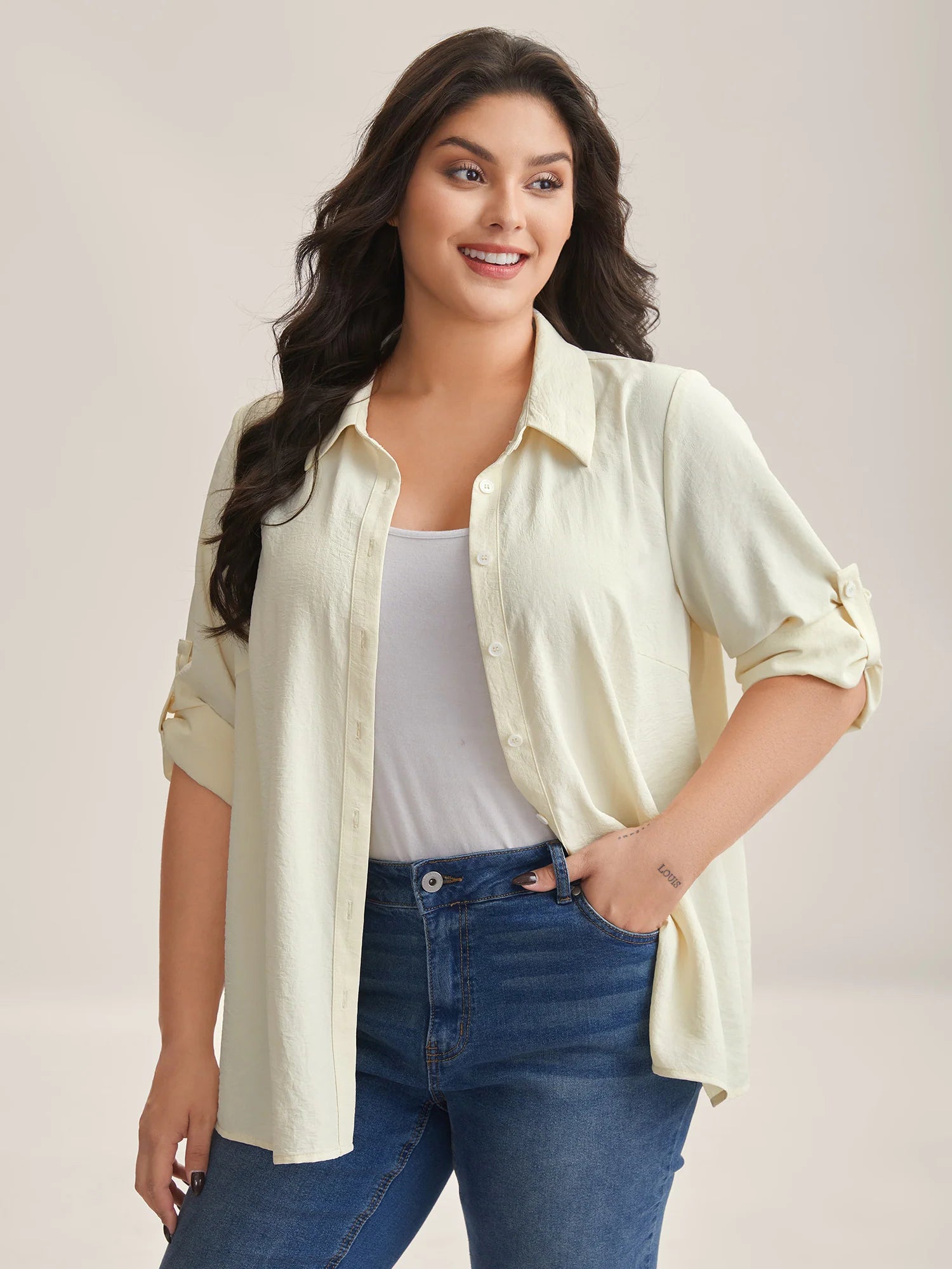 Bow Back Button Placket Solid Blouse