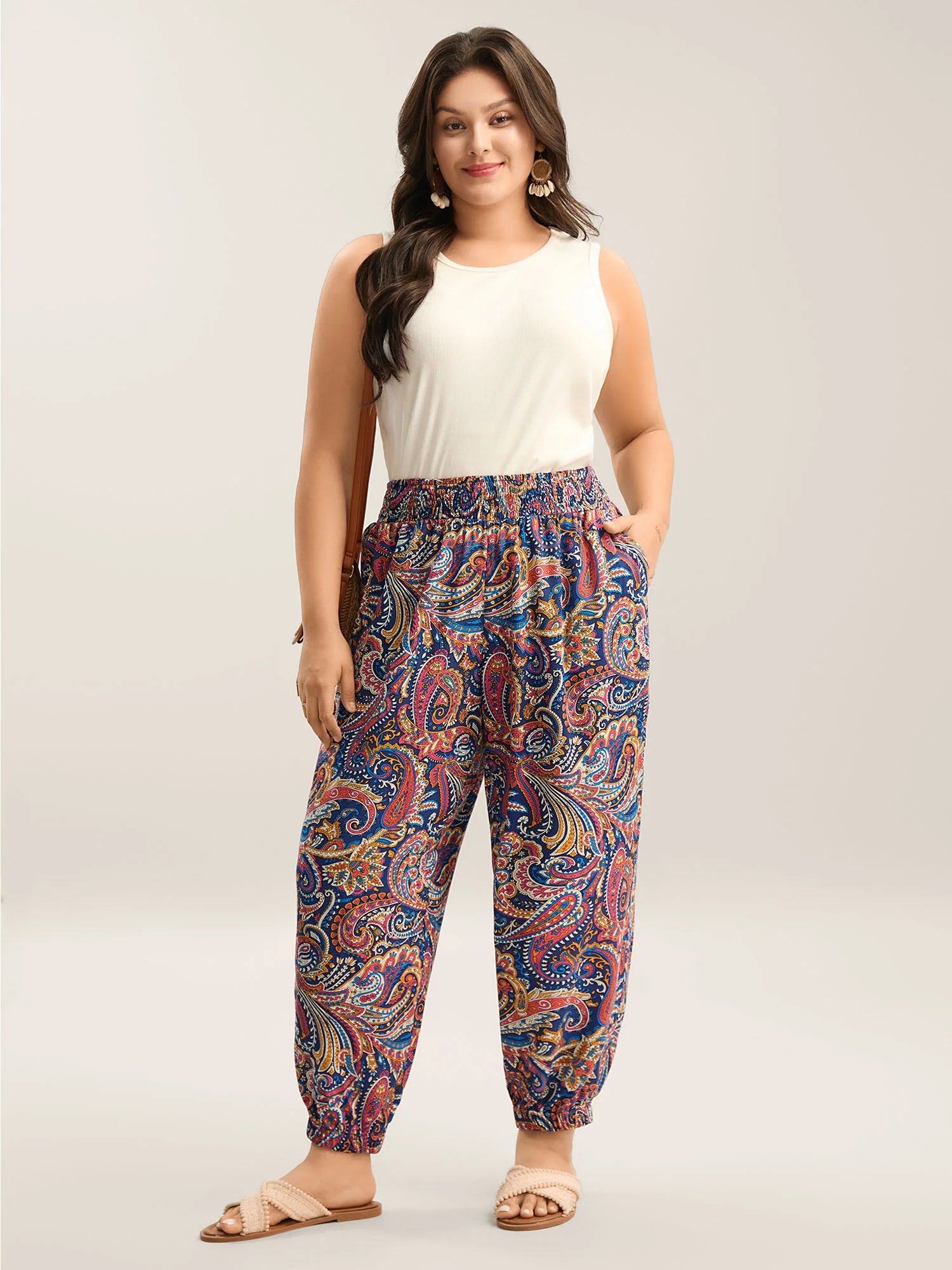 Paisley Print Shirred Waist Jogger Pants