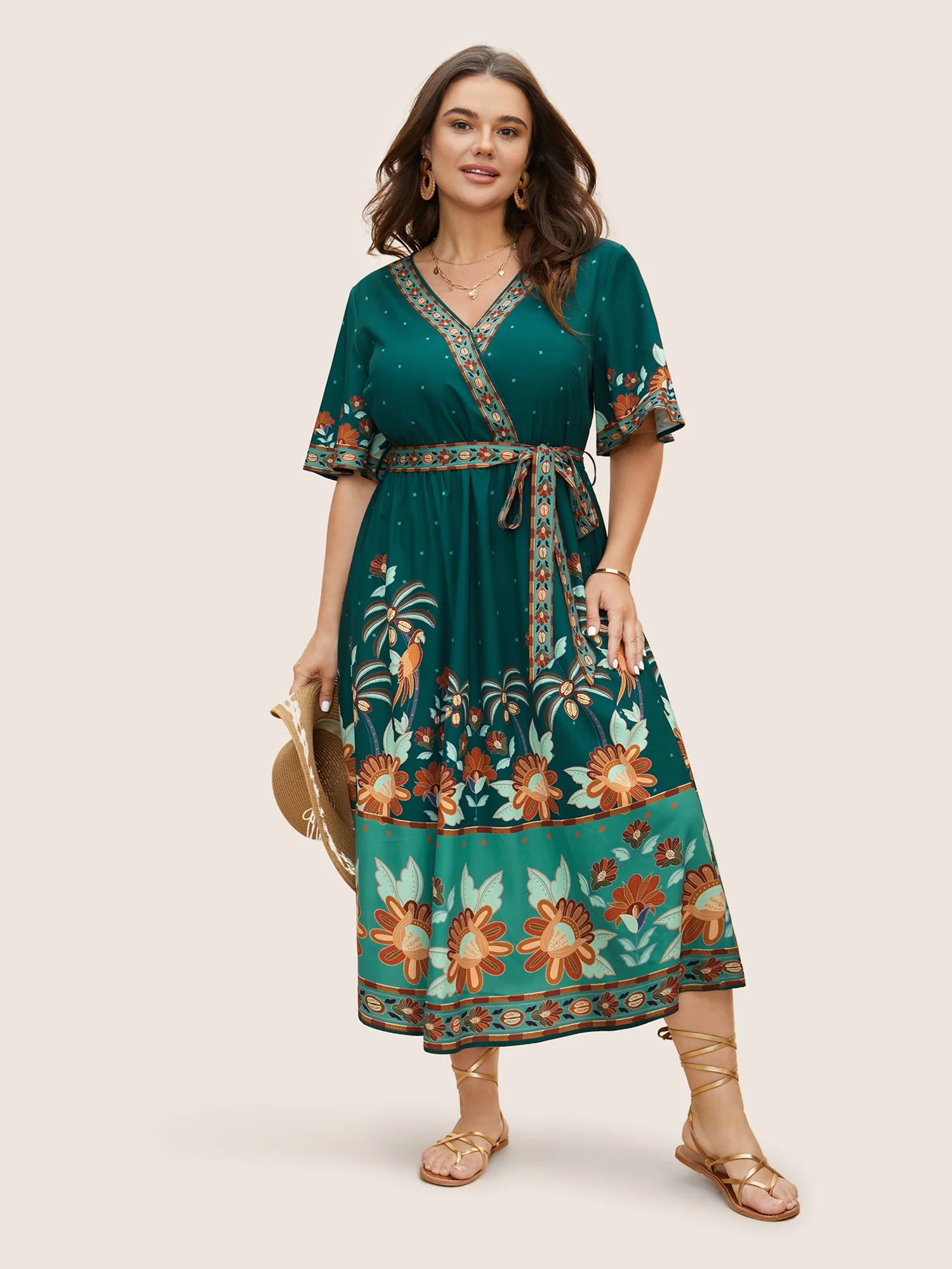 Bandana Print Surplice Neck Flutter Sleeve Dress