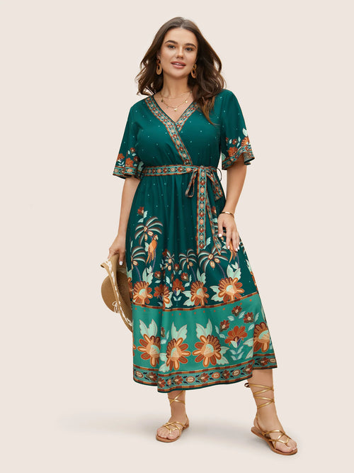 Bandana Print Surplice Neck Flutter Sleeve Dress