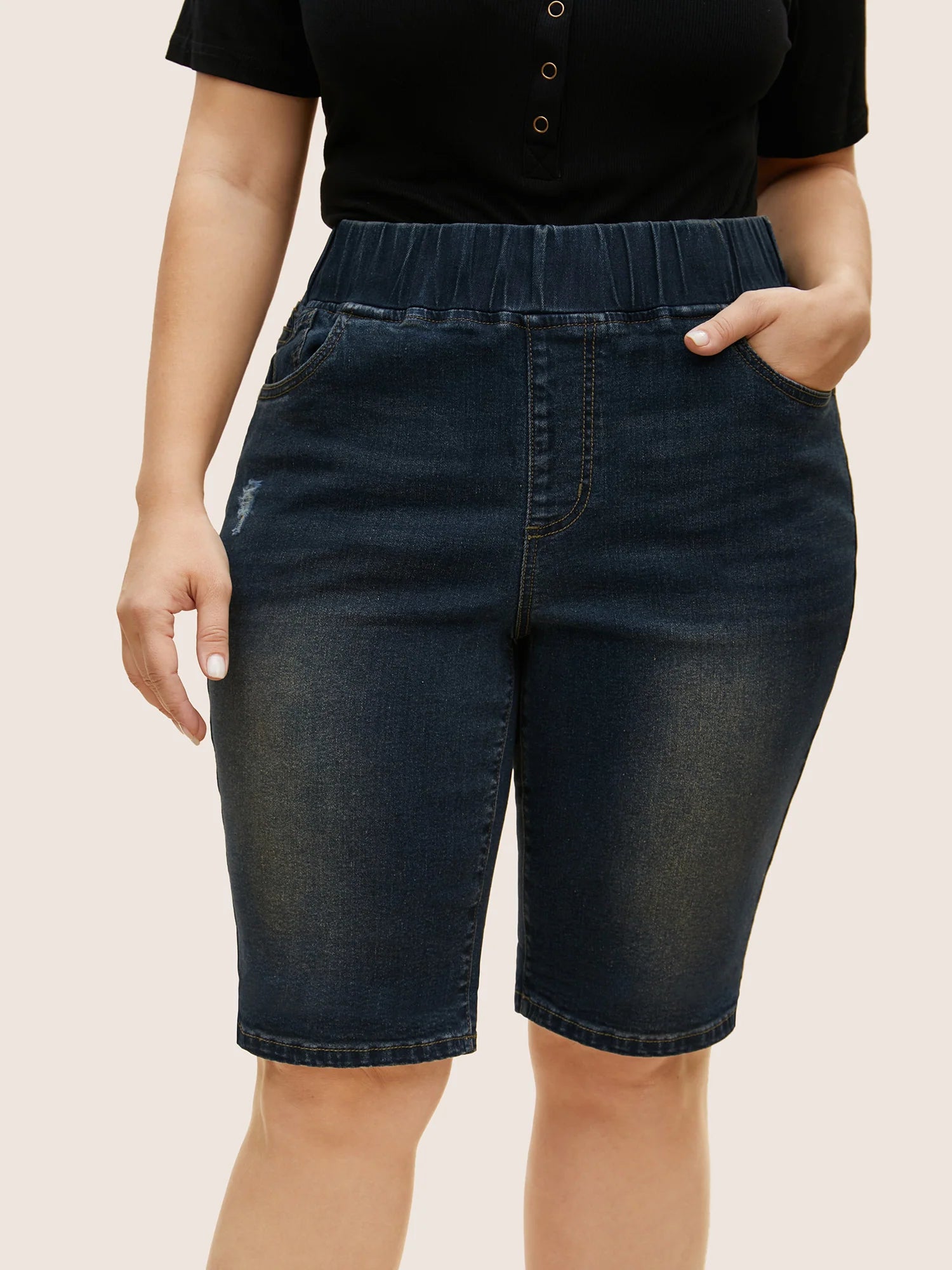 Dark Wash Distressed Roll Hem Denim Shorts