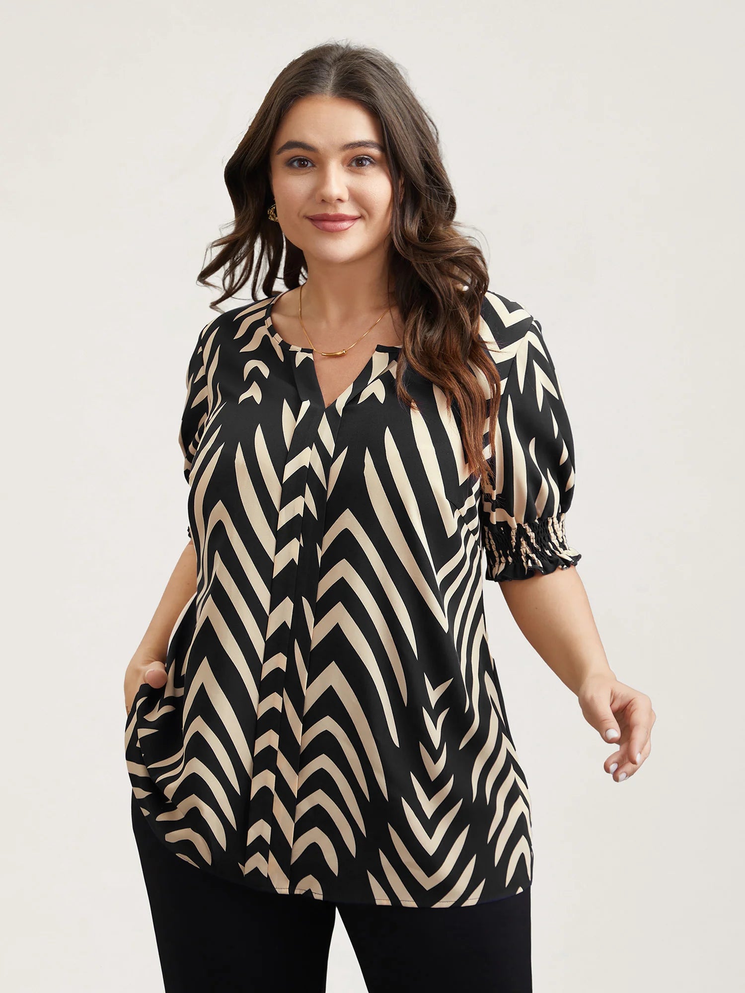 Geometric Print Ruffled Shirred Shirt