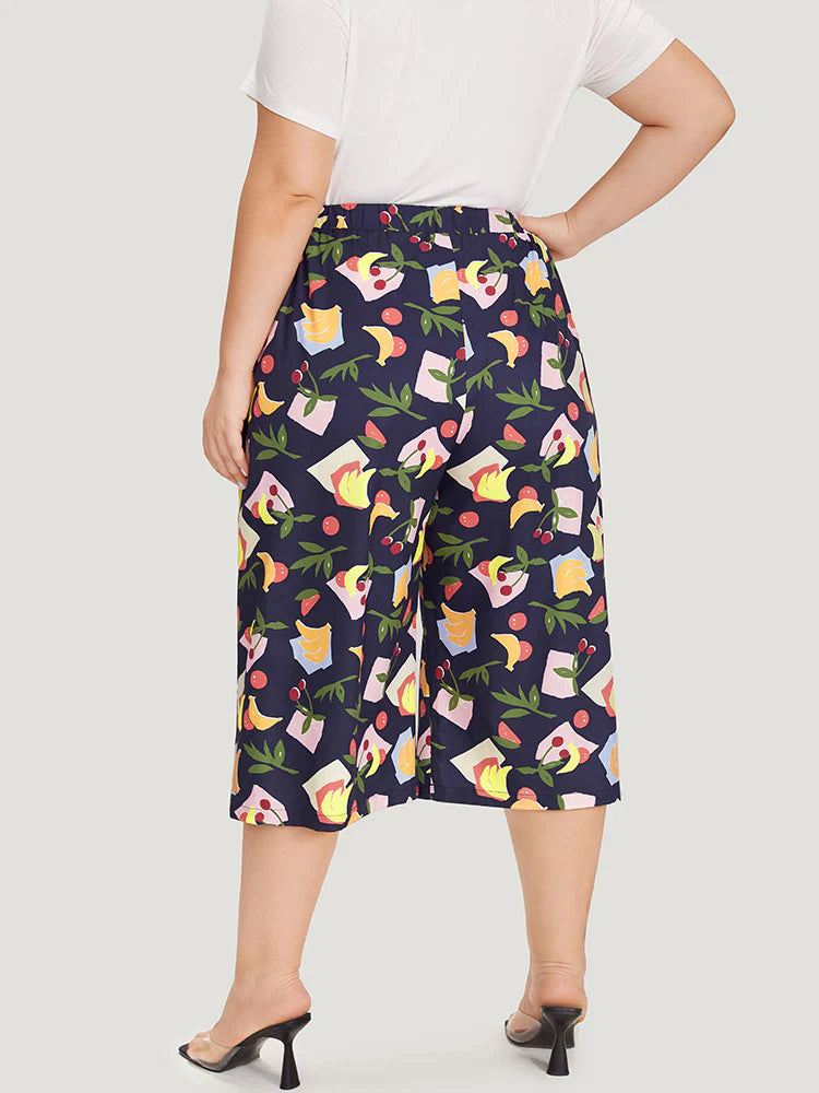 Fruit Print Slant Pocket Elastic Waist Pants