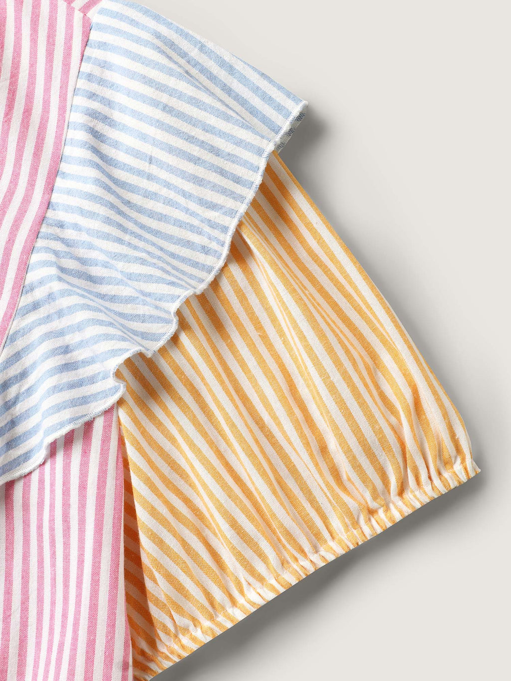 Cotton Colorful Stripes Ruffled Neck Tie Blouse