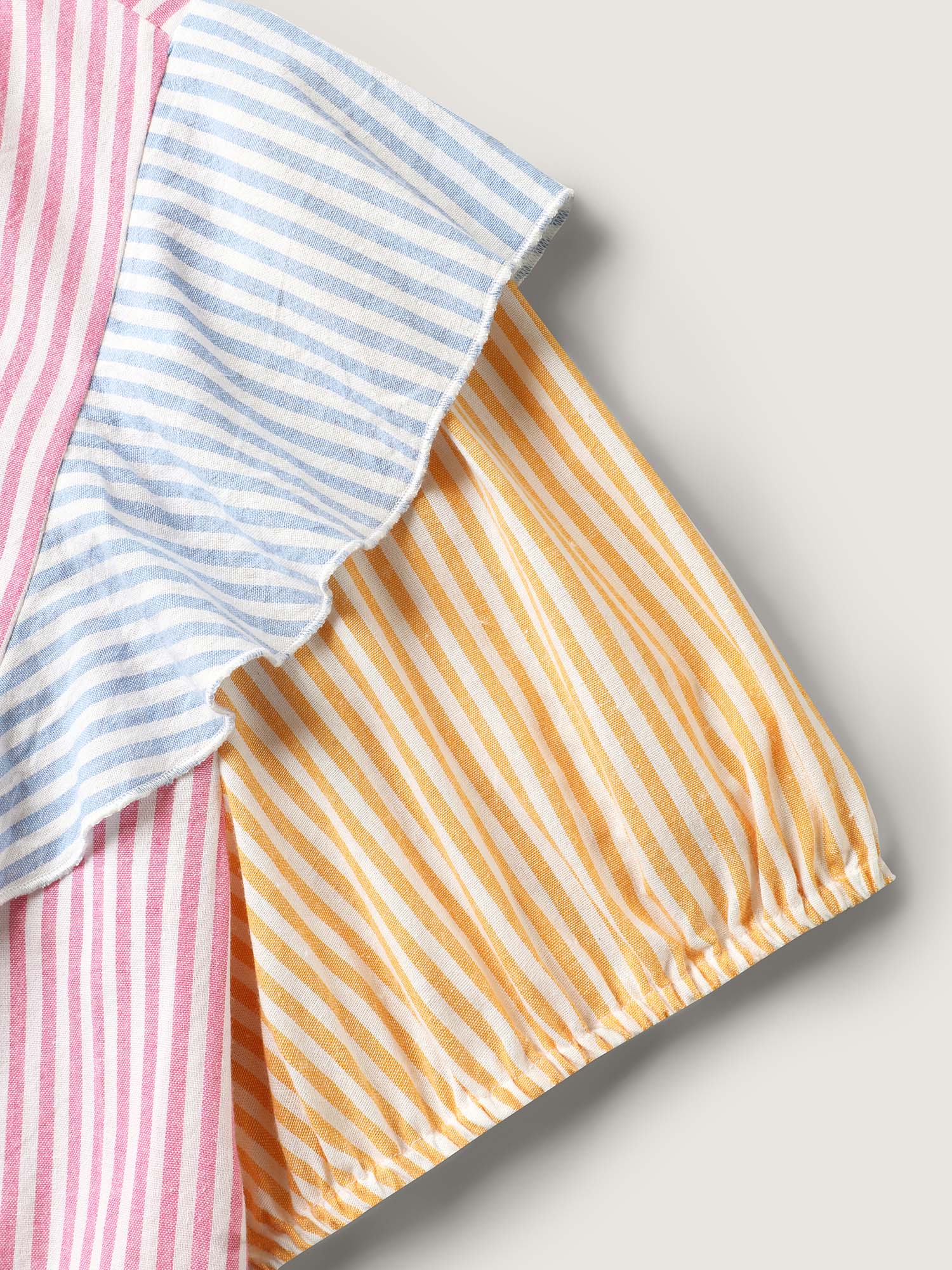 Cotton Colorful Stripes Ruffled Neck Tie Blouse