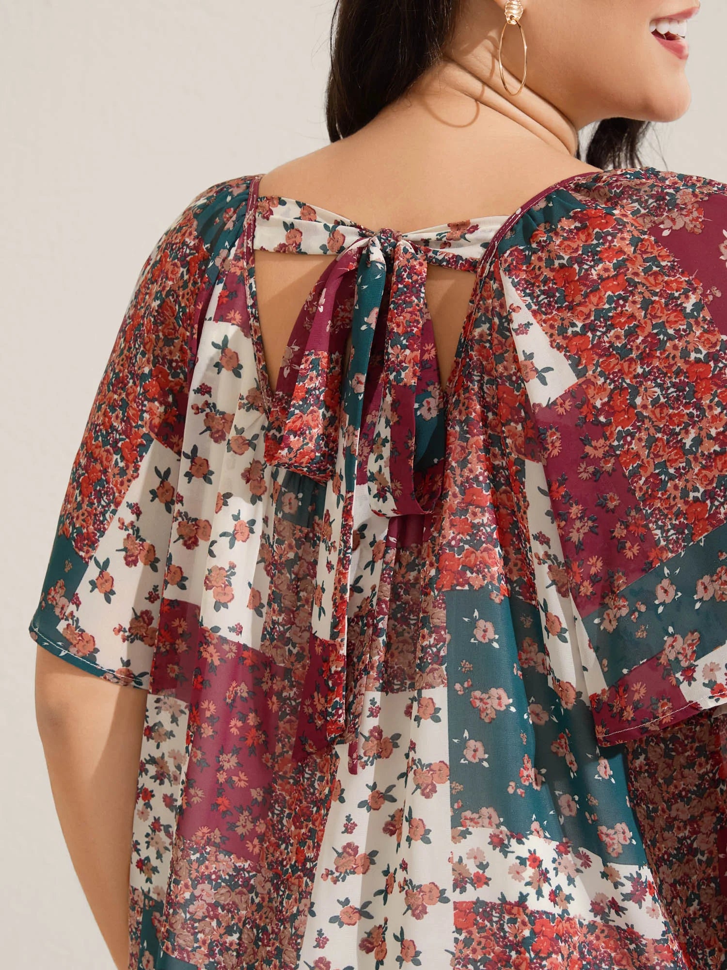 Boho Collage Print Backless Tie Blouse