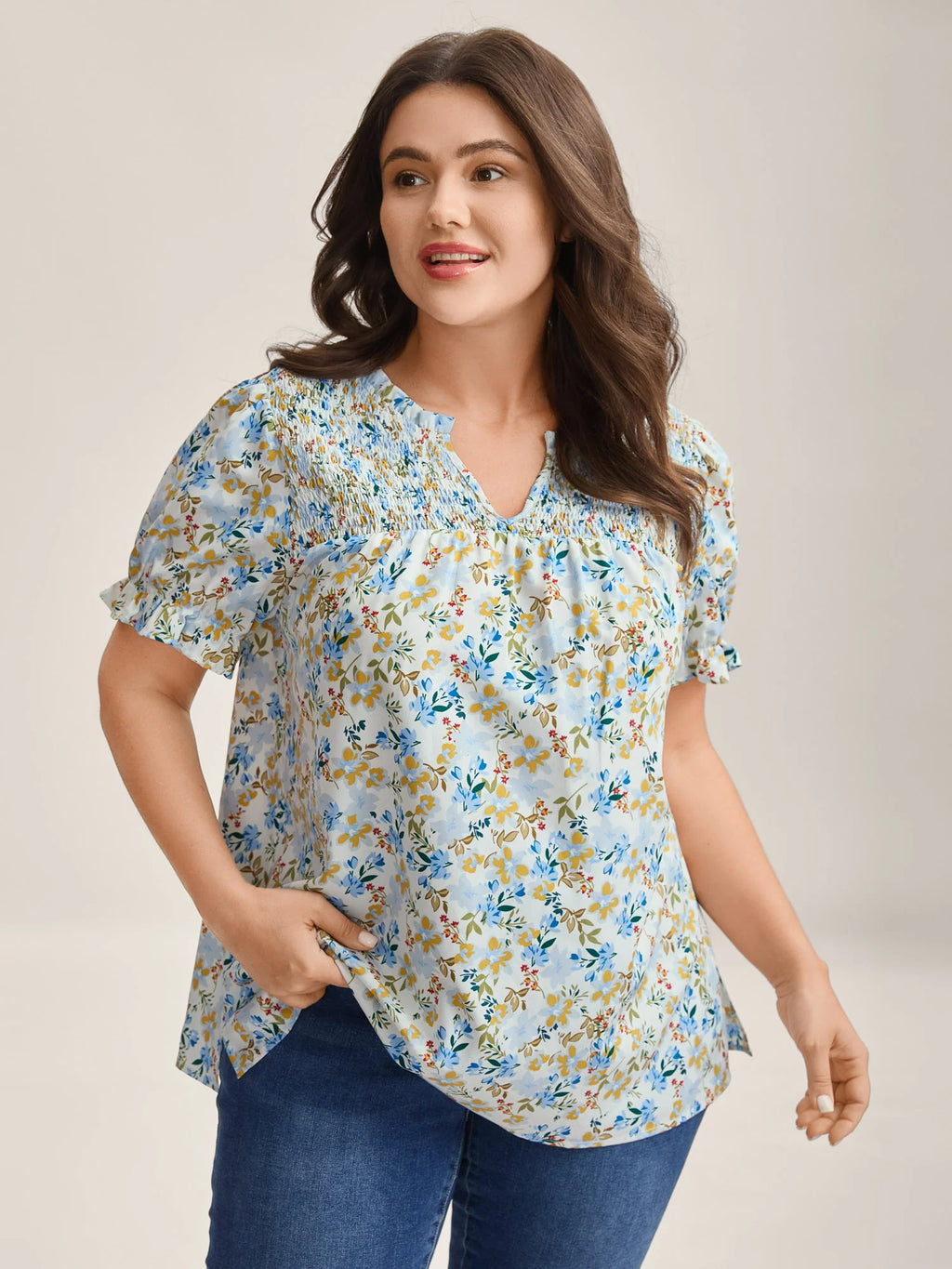 Floral Print Shirred Neck Blouse