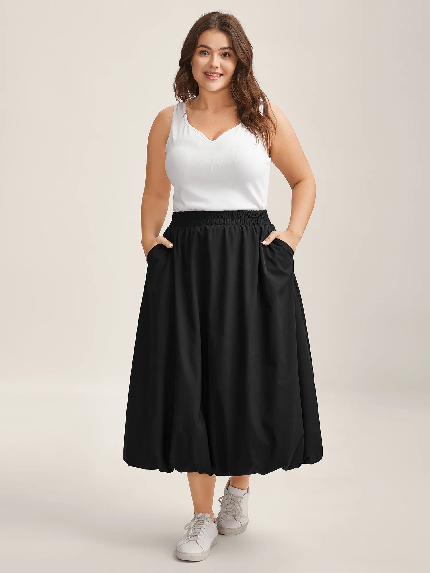 Bubble Hem Stretch Waist Midi Skirt