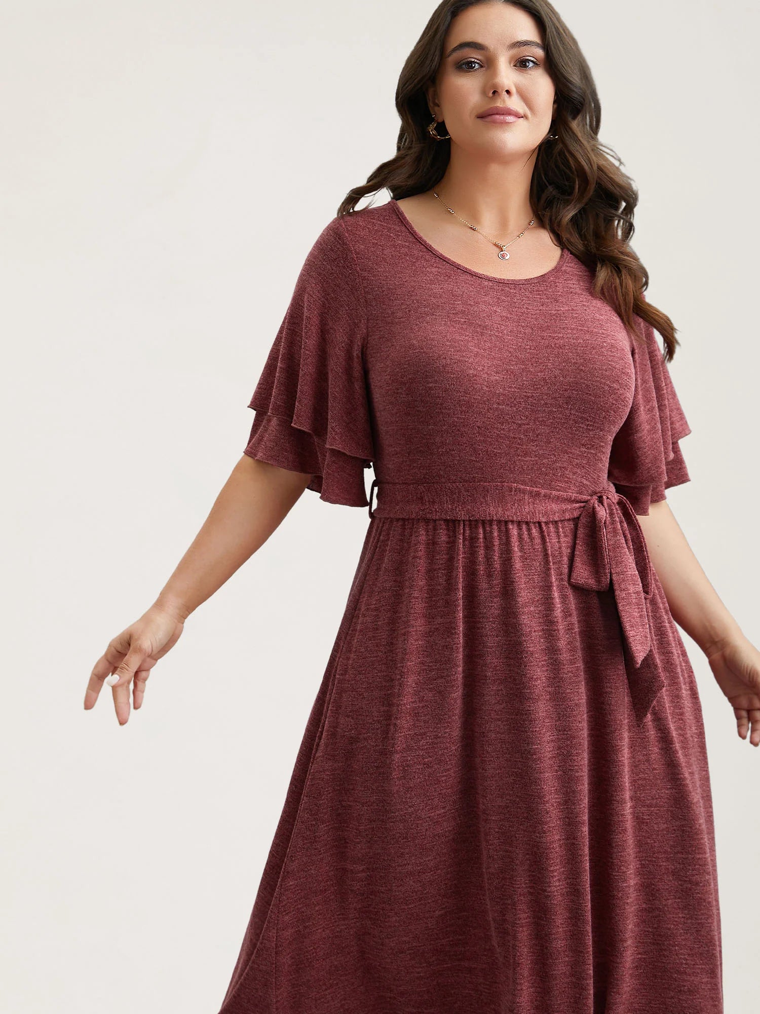 Layered Lotus Sleeve Belted Midi Knit Dress