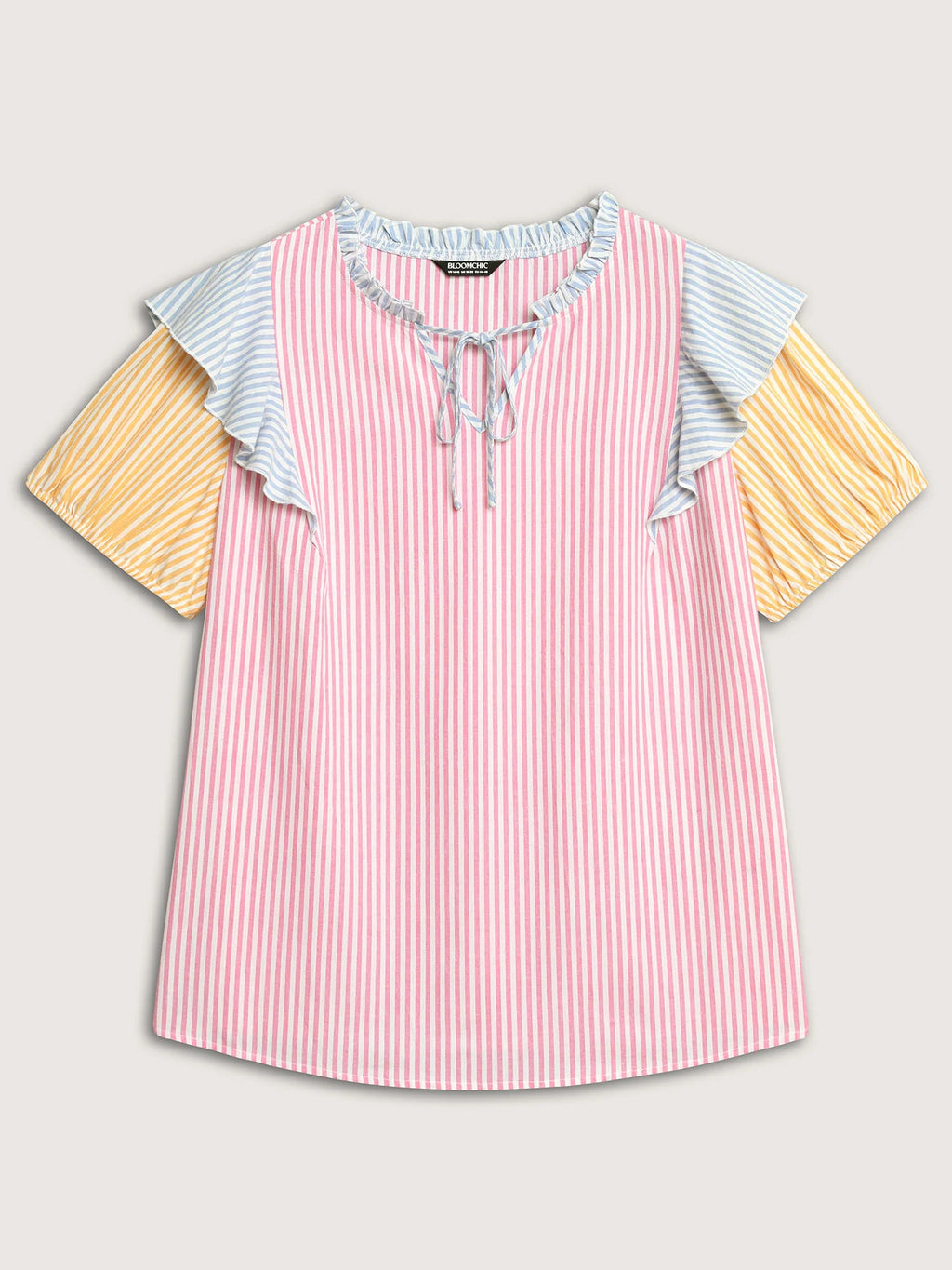 Cotton Colorful Stripes Ruffled Neck Tie Blouse