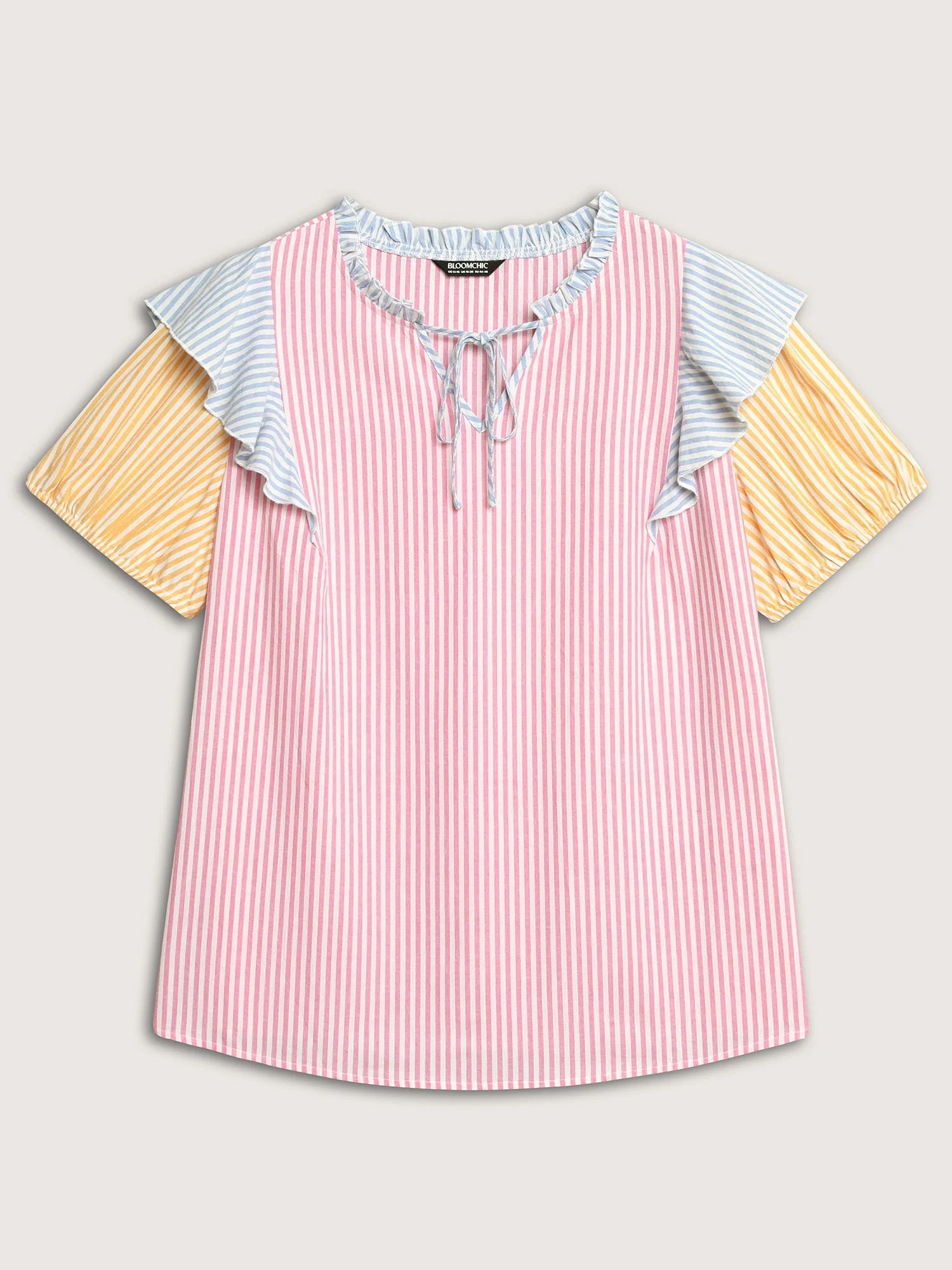 Cotton Colorful Stripes Ruffled Neck Tie Blouse