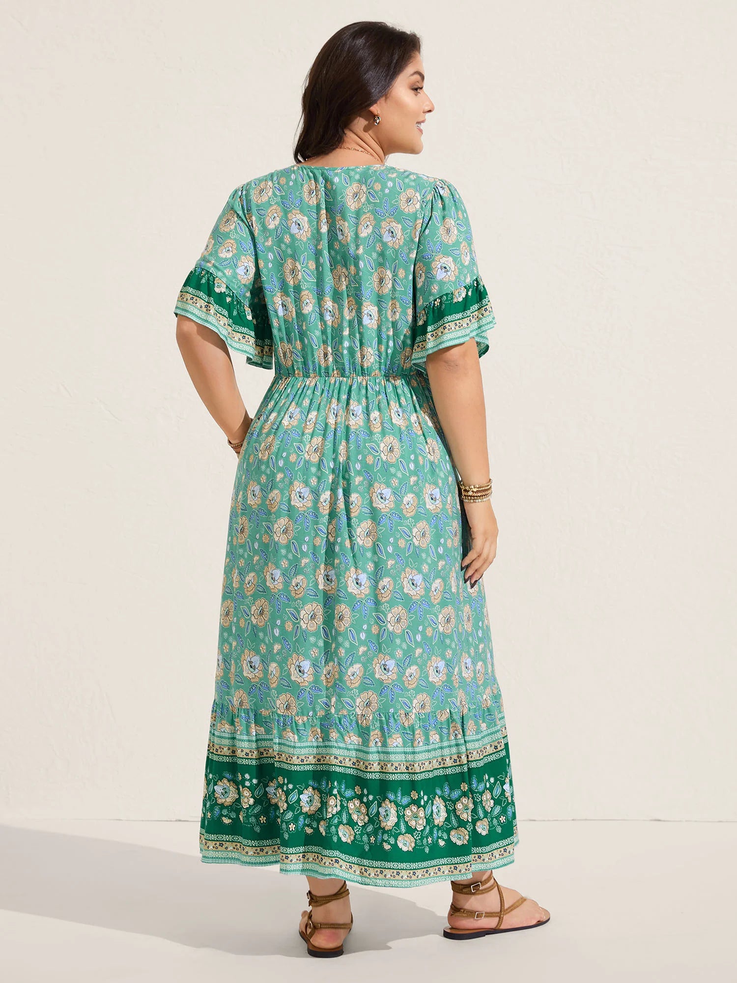 Floral Bell Sleeve Shirred Waist Midi Dress