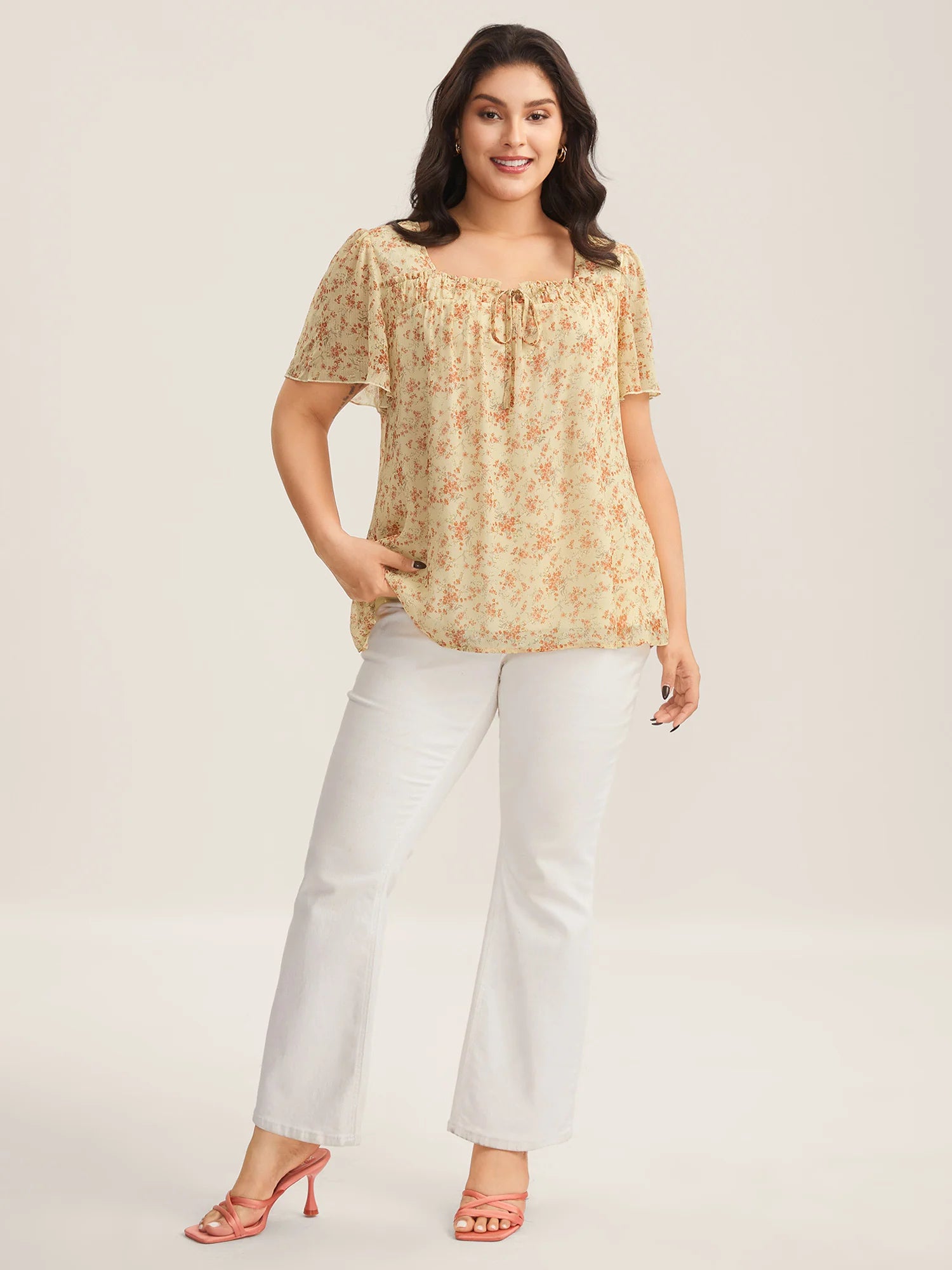 Chiffon Floral Print Neck Tie Blouse