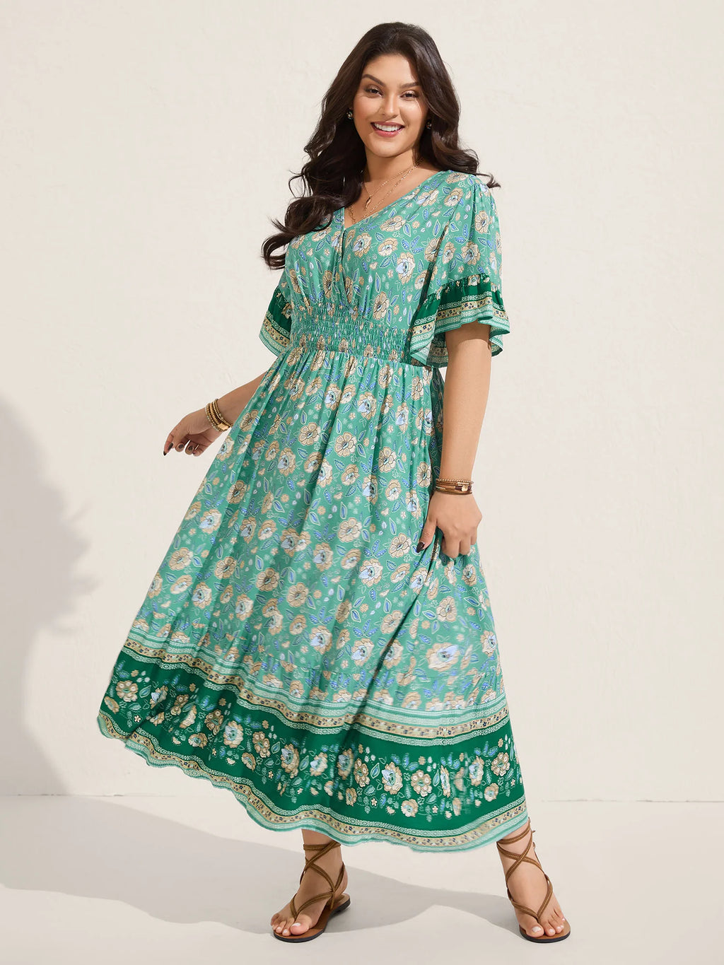Floral Bell Sleeve Shirred Waist Midi Dress