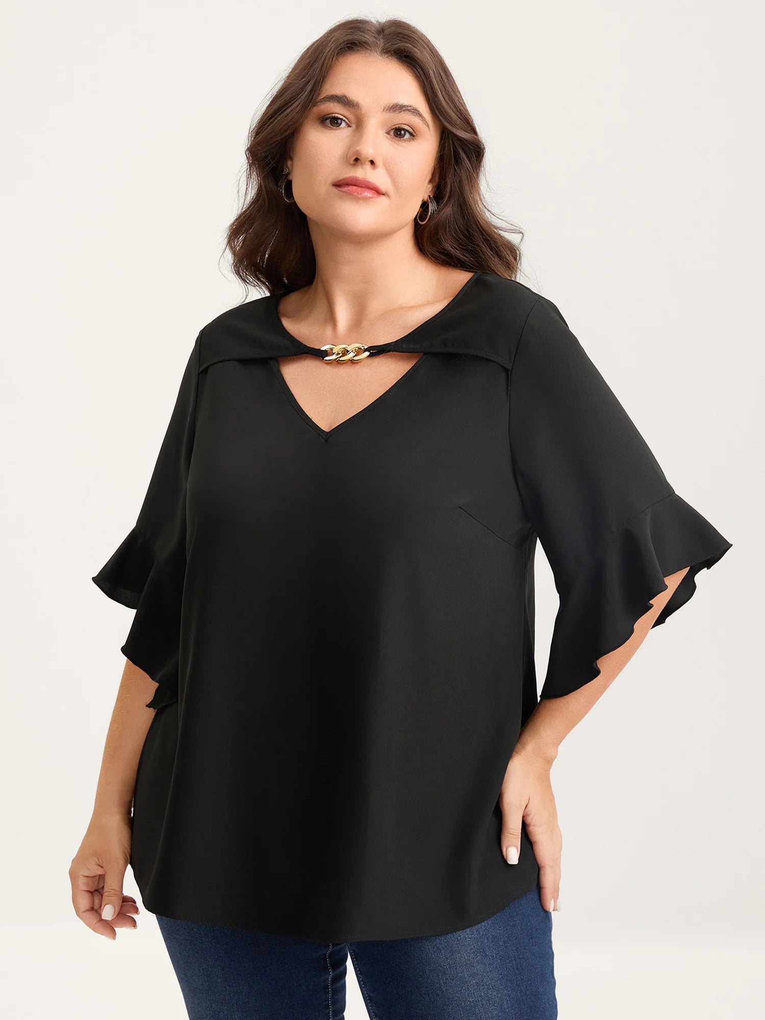 Metallic Neck Detail Ruffled Solid Blouse