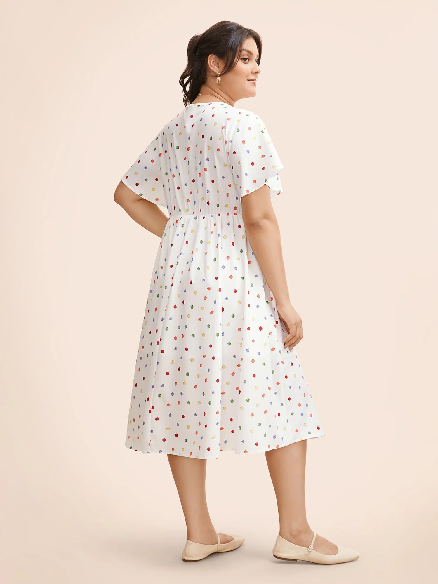 Colored Polka Dot Overlap Collar Midi Dress